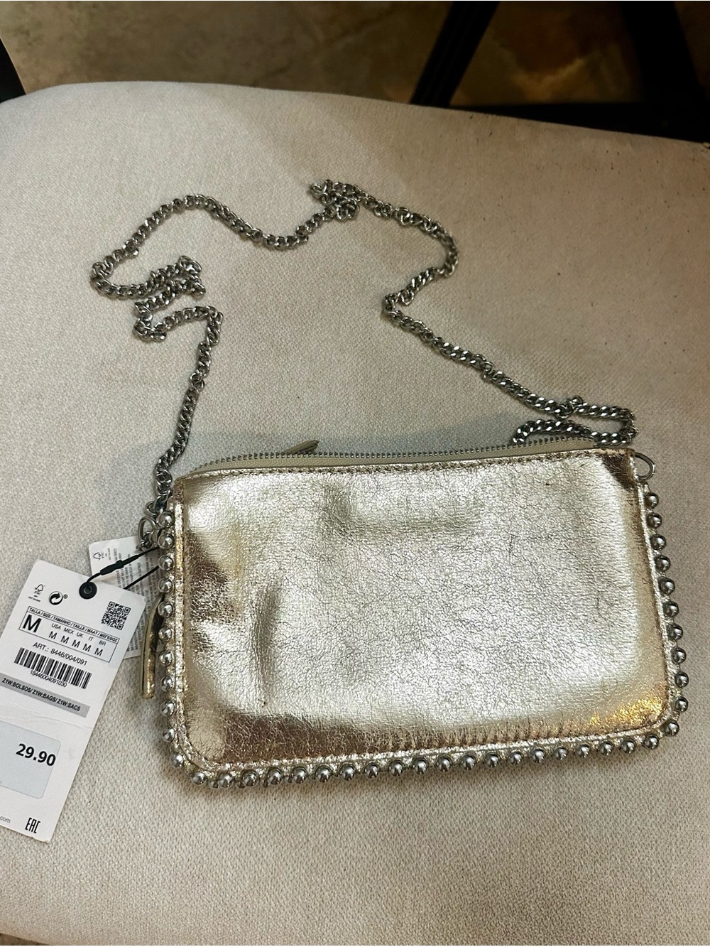 Zara Metallic Silver Beaded Chain Crossbody
